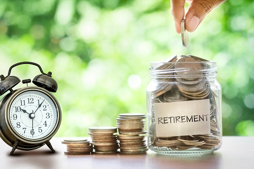 clock next to jar labeled retirement being filled up with money